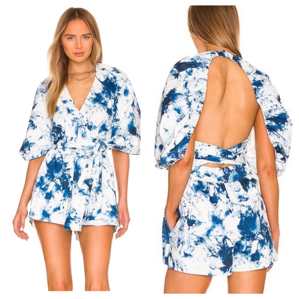 AMUR Constance Shibori Acid Tie-Dye Blue & White Tie Front Romper. Size 0.